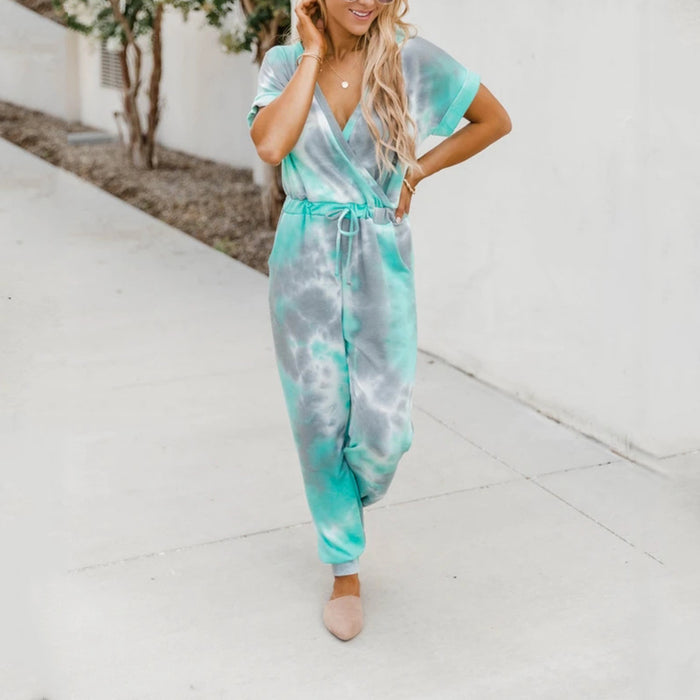Women Tie Dyed Printed V Neck Short Sleeved Casual Jumpsuit