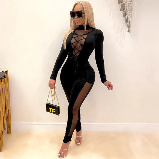 Sexy Lace Up Stitching See Through Long Sleeve Jumpsuit Women