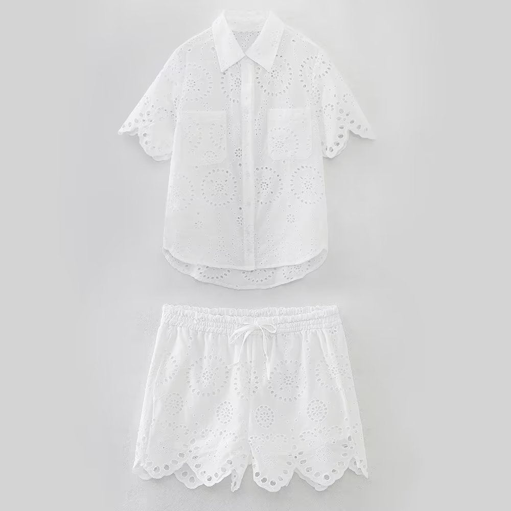 Summer Women Casual Hollow Out Cutout Embroidered Shirt Shorts Suit