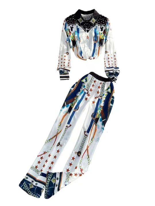 Temperament Loose Single Breasted Printed Shirt Two Piece High Waist Small Leg Pants