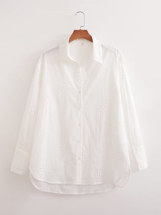 Casual Suit White V neck Hollow Out Cutout Embroidered Half Sleeve Shirt High Waist Casual Hollow Out Cutout Shorts