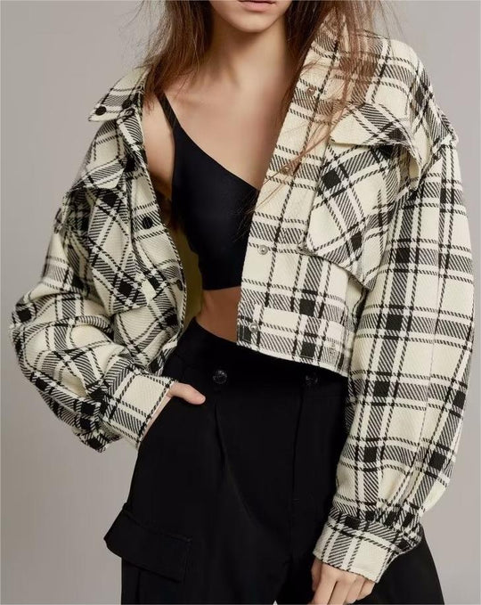 Spring Autumn Women Clothing Classic Tweed Mid Length Large Loose Pockets Plaid Jacket Casual