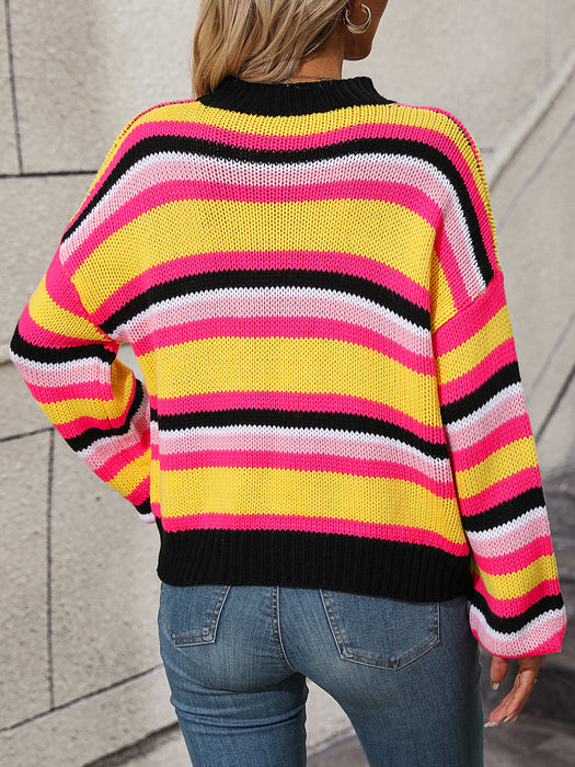 Autumn Winter Stitching Knitwear Loose Color Round Neck Striped Sweater Women