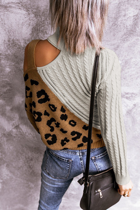 Leopard Splicing Sweater Women Autumn Winter Trendy off Shoulder Asymmetric Buckle Knitted Sweater