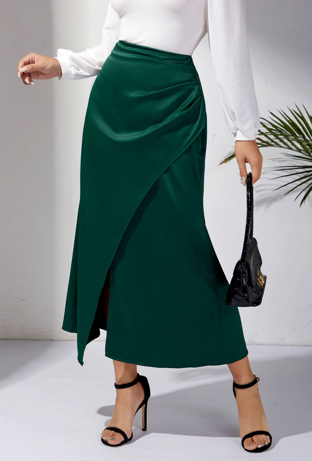 Women Clothing High Waist Satin Heap Pleated Split Dress Solid Skirt Zipper Fishtail Hip Skirt