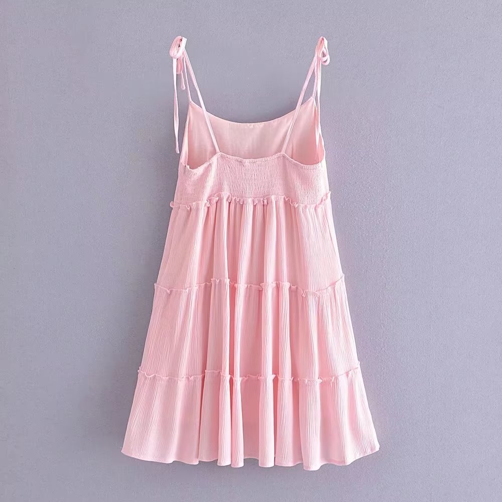 Summer Women Clothing Layered Stitching Pink Strap Dress Loose Short