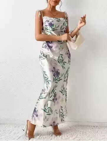 Summer Printed Satin Strap Dress Lace up Backless Sexy Dress
