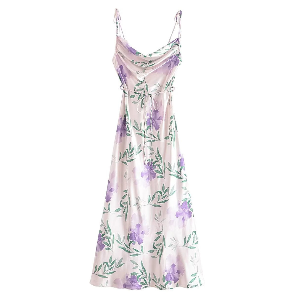 Summer Printed Satin Strap Dress Lace up Backless Sexy Dress