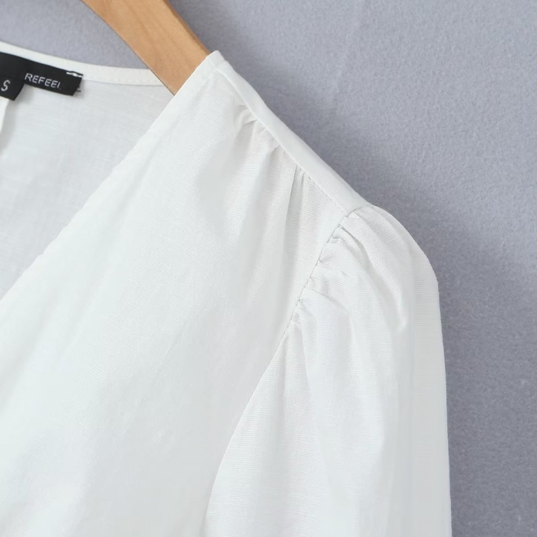 French Vintage Court V neck Single Breasted Lantern Sleeve Irregular Asymmetric White Shirt Waist Slim Fit Shirt