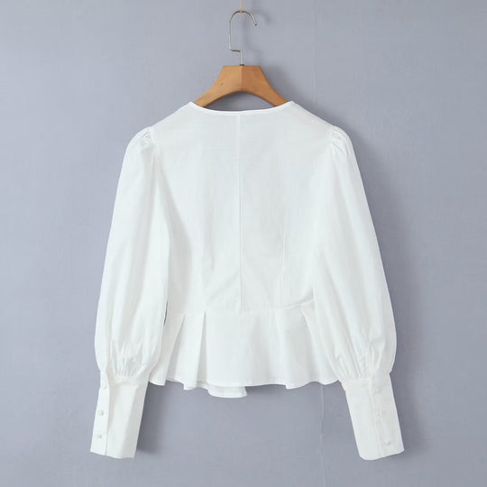 French Vintage Court V neck Single Breasted Lantern Sleeve Irregular Asymmetric White Shirt Waist Slim Fit Shirt