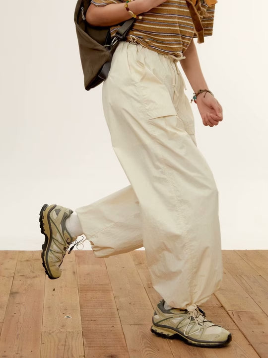 Summer Wide Leg Pants Loose Straight Thin High Waist Work Clothes Drawstring Casual Trousers