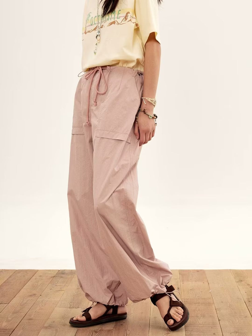 Summer Wide Leg Pants Loose Straight Thin High Waist Work Clothes Drawstring Casual Trousers