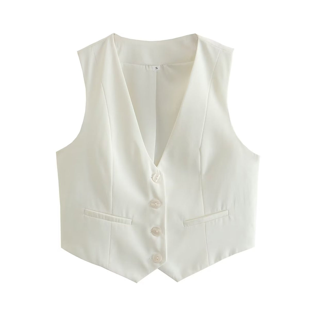 Women Clothing French Casual V neck Sleeveless Vest Short Vest