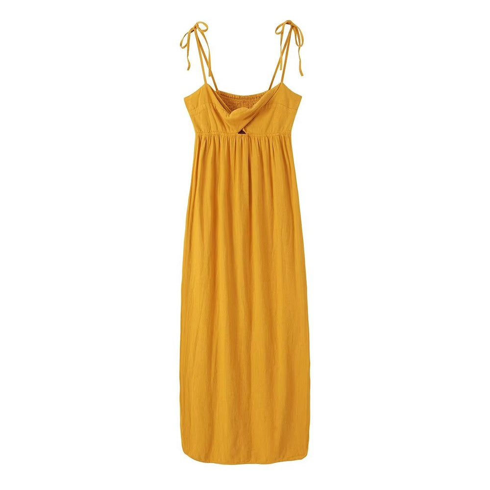 Summer Women Clothing Linen Blended Strap Midi  Dress