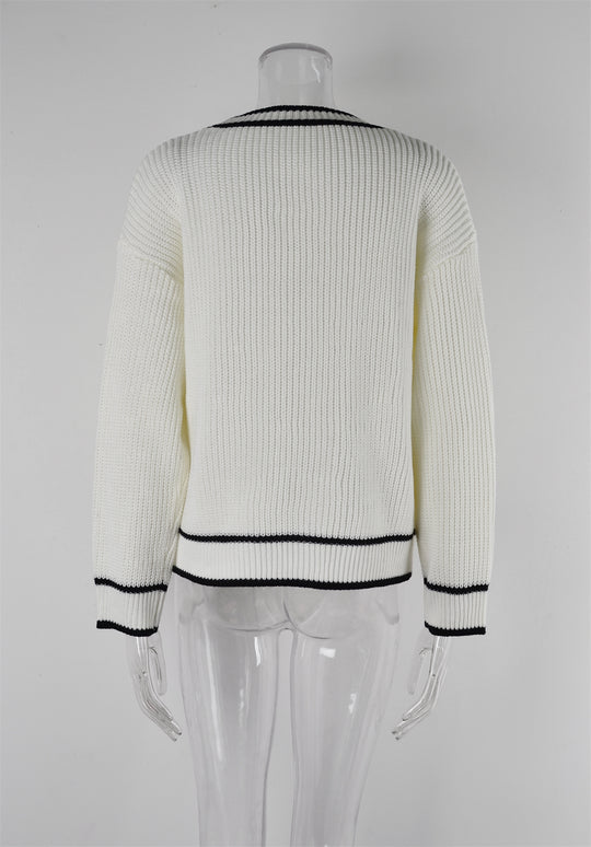 Women Clothing Sweater plus Size Color Matching Pocket Coat V neck Sweater Women