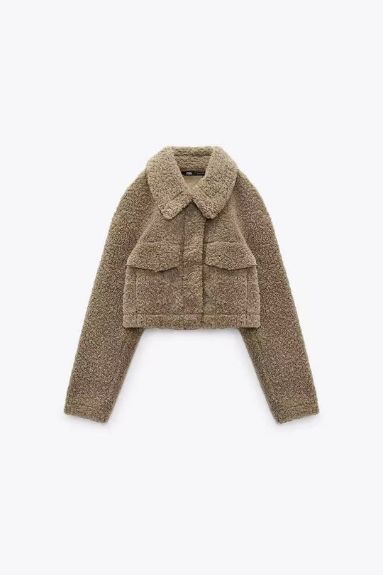 Fall Winter Fleece Warm Jacket Coat Collared Short Top Imitation Lamb Wool Casual Women Clothing