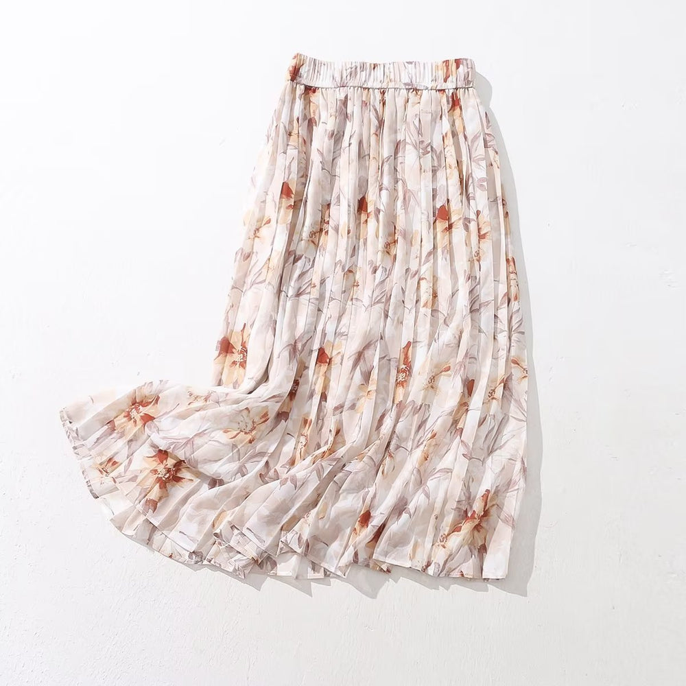 Summer Chiffon Printed Dress Women Elastic High Waist Slimming Pleated Skirt A Line Midi Skirt
