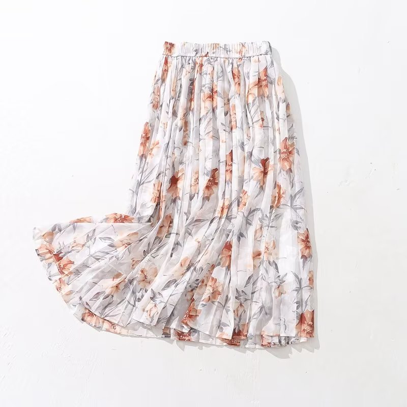 Summer Chiffon Printed Dress Women Elastic High Waist Slimming Pleated Skirt A Line Midi Skirt