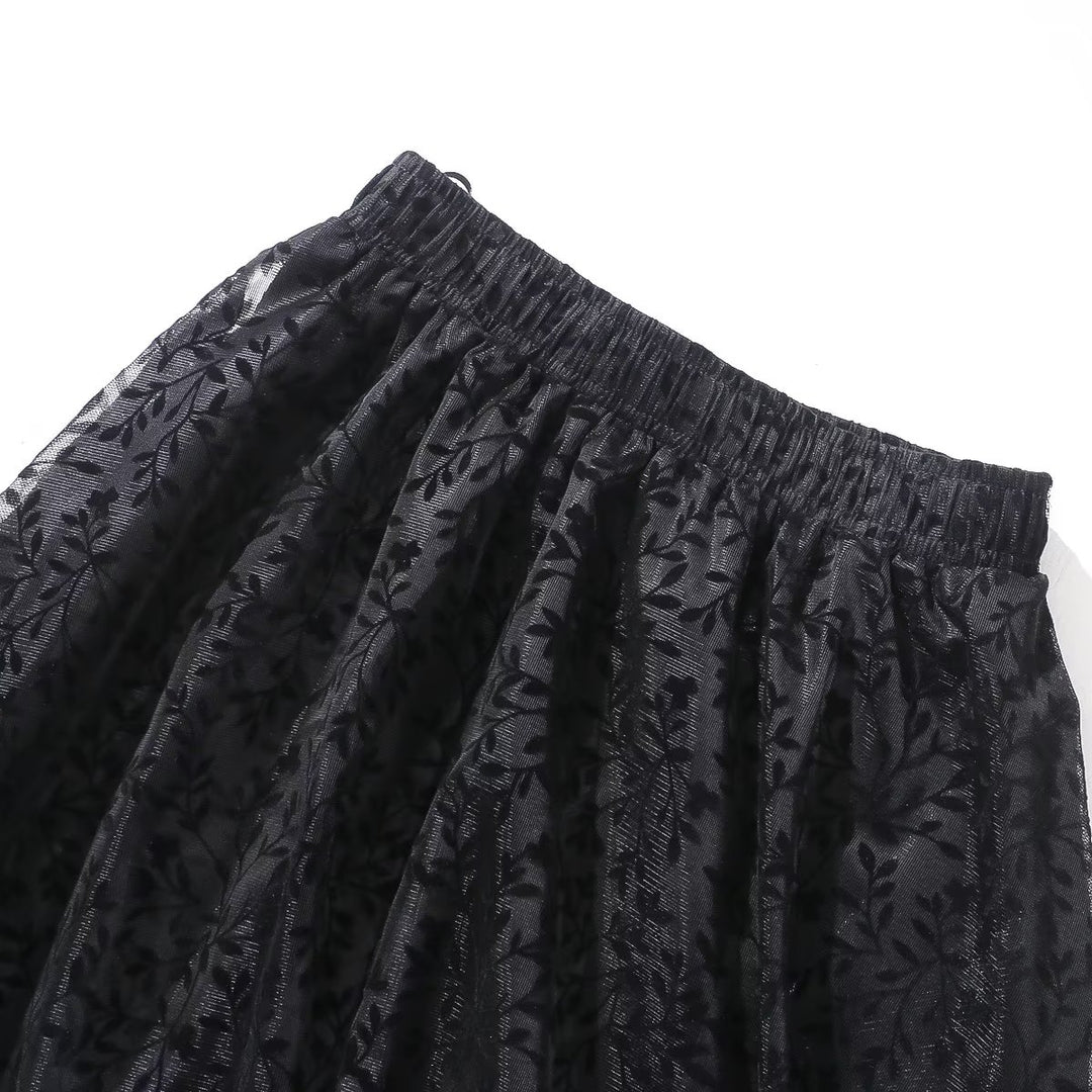 Summer Retro Artistic Flocked Printed Elastic Waist A line Gauzy Skirt Women Clothing