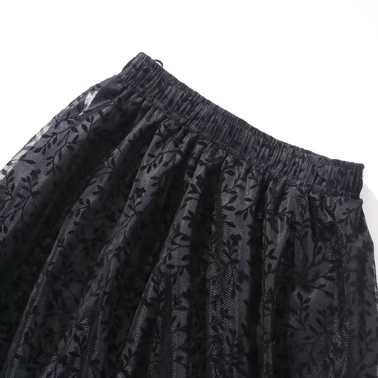 Summer Retro Artistic Flocked Printed Elastic Waist A line Gauzy Skirt Women Clothing
