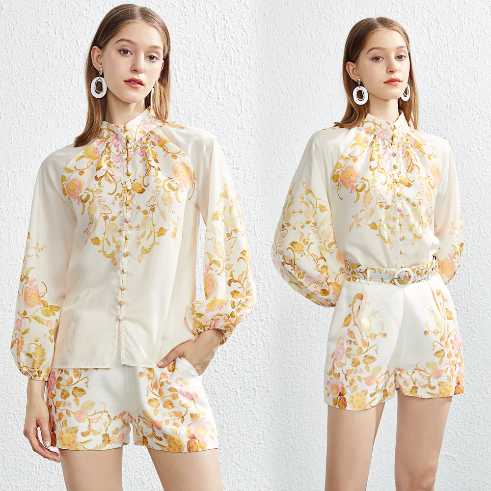 Women  Summer New Two Piece Single breasted Positioning Printed Collar Shirt Top Shorts with Belt