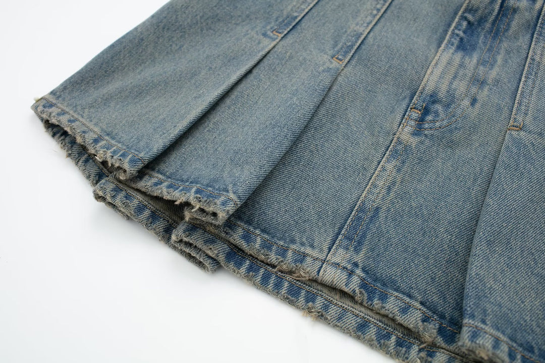 Women  Clothing French All Matching Mid Waist Slim Fit Wide Pleated Denim Skirt