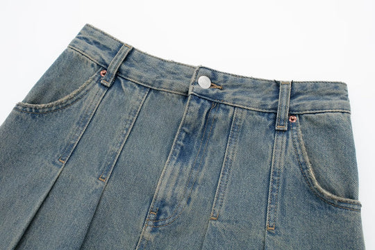 Women  Clothing French All Matching Mid Waist Slim Fit Wide Pleated Denim Skirt