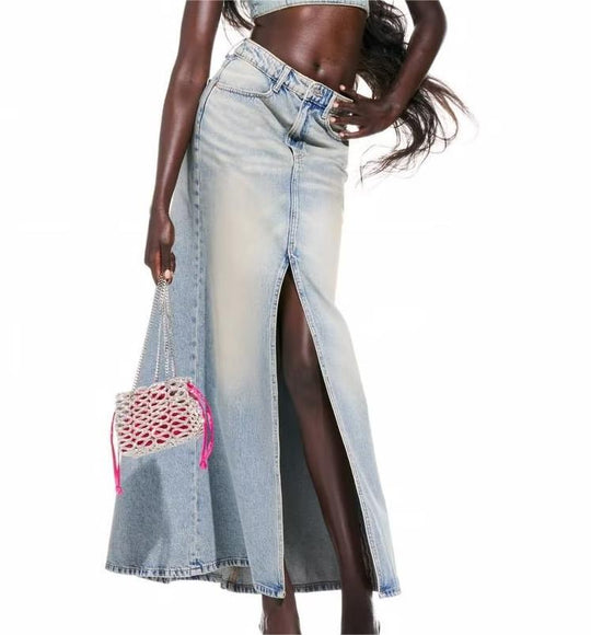 Early Autumn High Waist Front Slit Sheath Fishtail Denim Skirt for Women