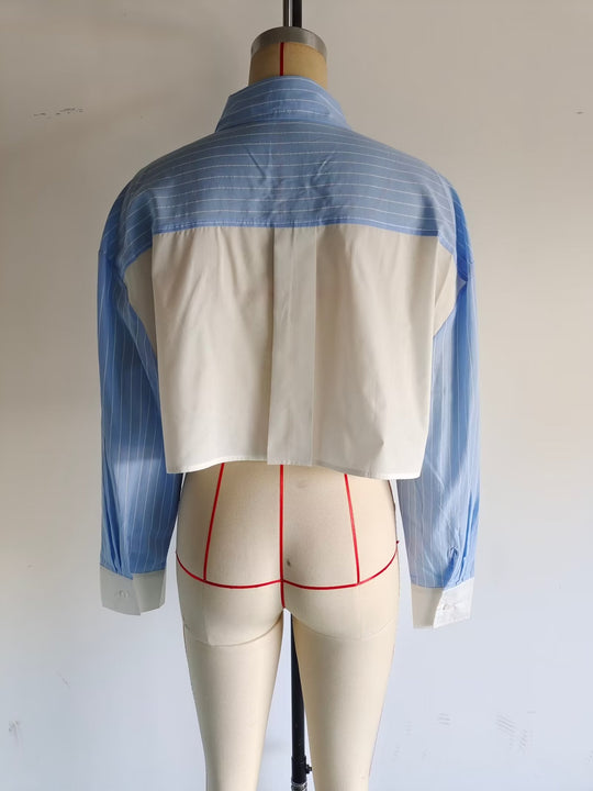 Women Clothing French Striped Poplin Short Shirt Contrast Color Shorts