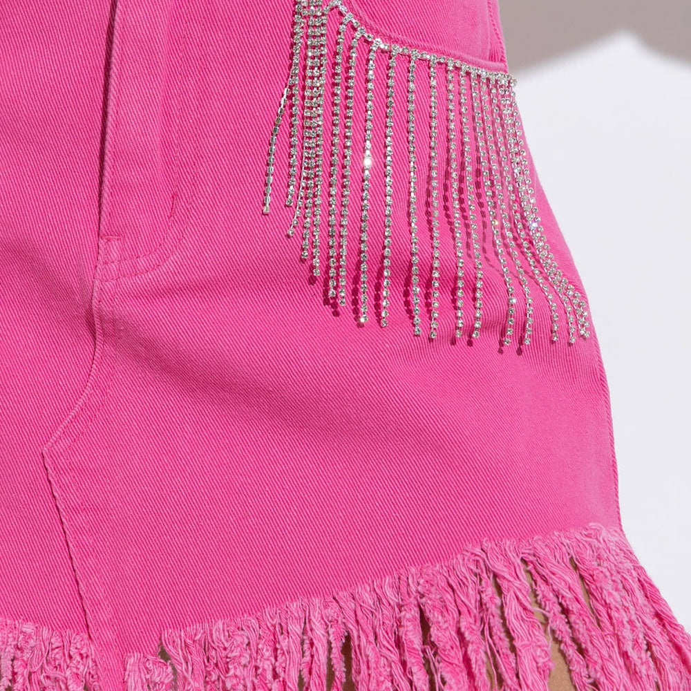 Spring Summer Women  Skirt Rhinestone Fringed Sheath Denim Skirt Multi Color