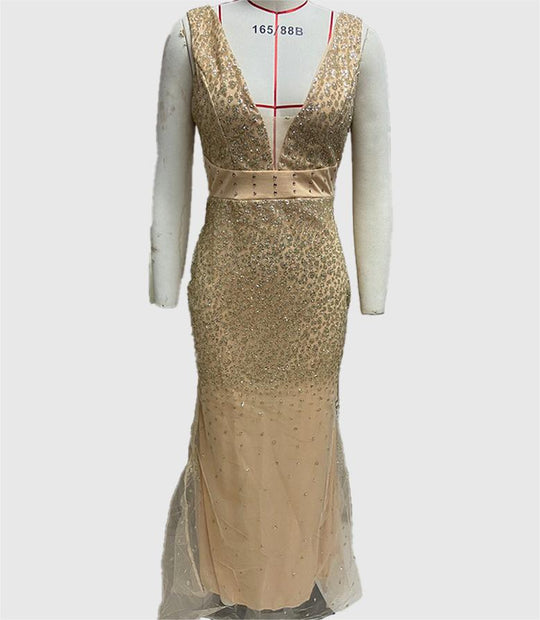 Women Dress V neck Brace Split Gold Dress Dress