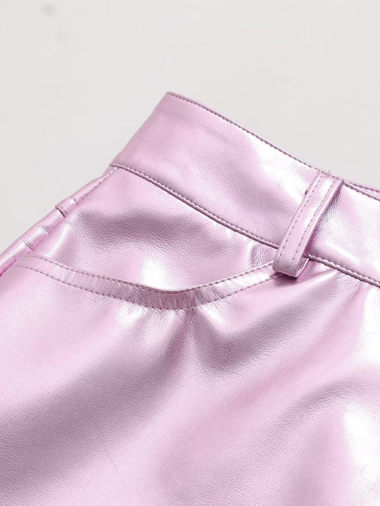 2239- Summer Girl Cute Pink Faux Leather Short Skirt Sexy Sexy Low Waist Casual Skirt
