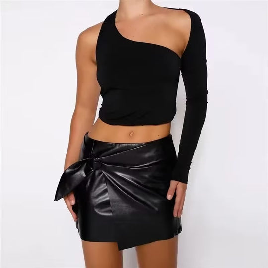 Sexy High Waist Small Round Buckle Wrapped Skirt Skirt Women Personality Design Faux Leather Skirt
