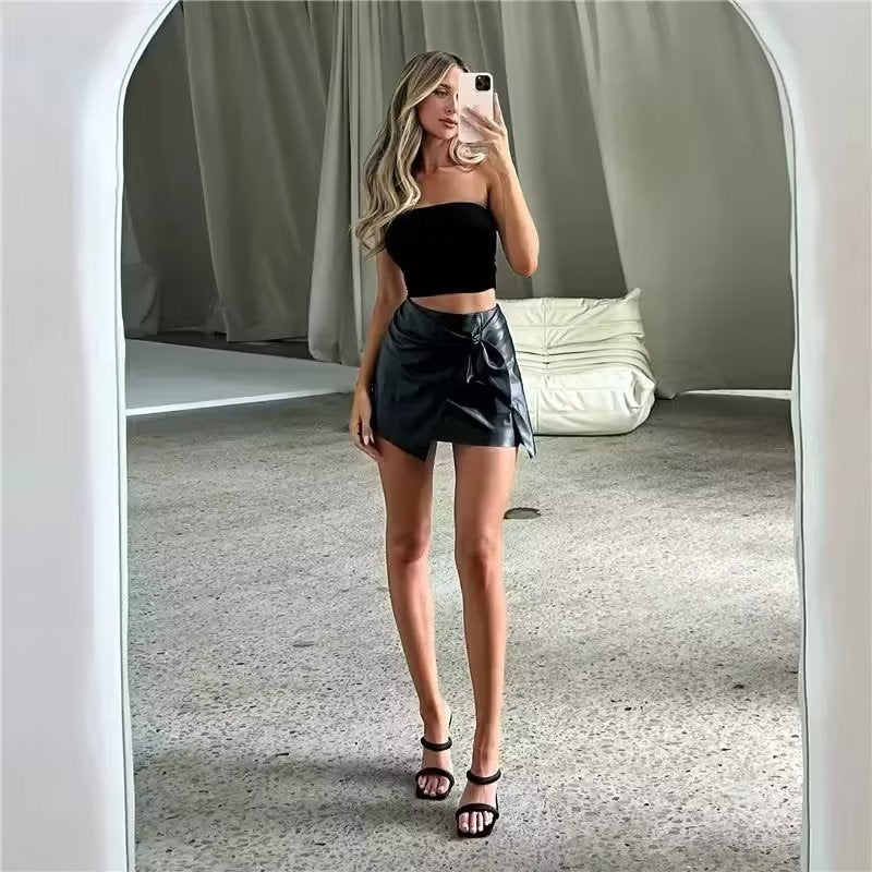 Sexy High Waist Small Round Buckle Wrapped Skirt Skirt Women Personality Design Faux Leather Skirt