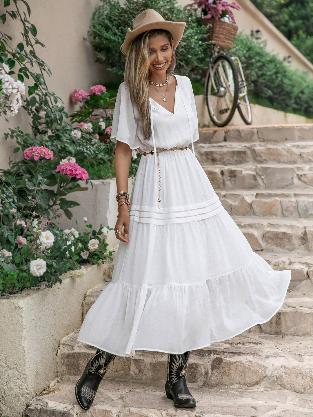 Mixed Elegant Princess French Royal Pure White Waist Drawstring Slimming Nightdress Dress