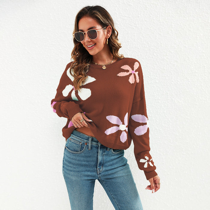 Women Jacquard Contrast Color Floral Sweater O neck Short All Match Casual Pullover Sweater