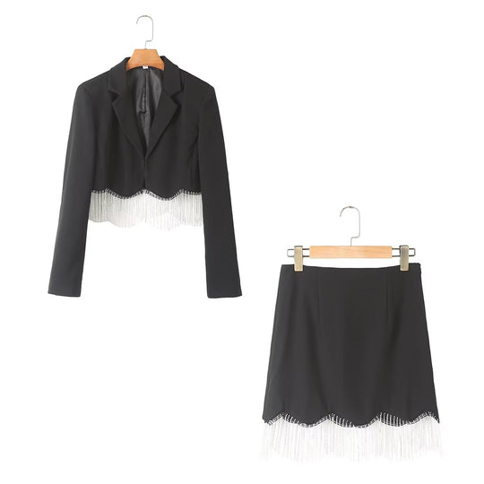 Women Clothing Tassel Rhinestone Bright Top Tassel Bright Mini Skirt Set