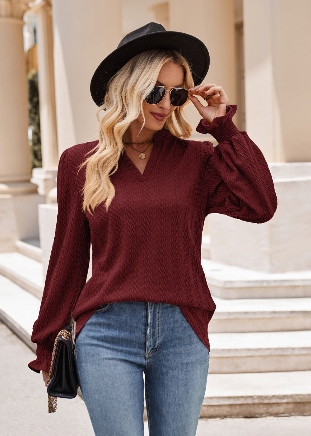 Autumn Winter Women Solid Color Knitted Jacquard Long Sleeved T shirt Twist V neck Top