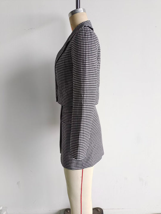 Women Clothing French Casual Small Plaid Short Blazer Suit