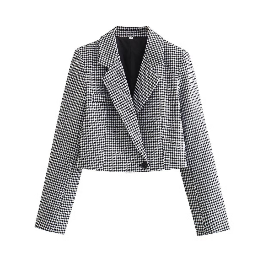 Women Clothing French Casual Small Plaid Short Blazer Suit