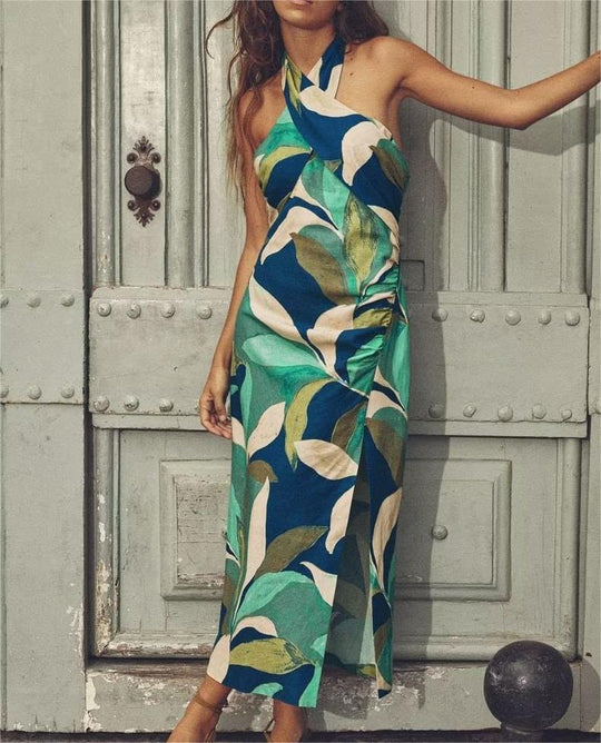 Summer Women Clothing Linen Blended Printed Midi Dress Dress