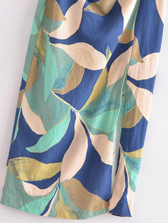 Summer Women Clothing Linen Blended Printed Midi Dress Dress