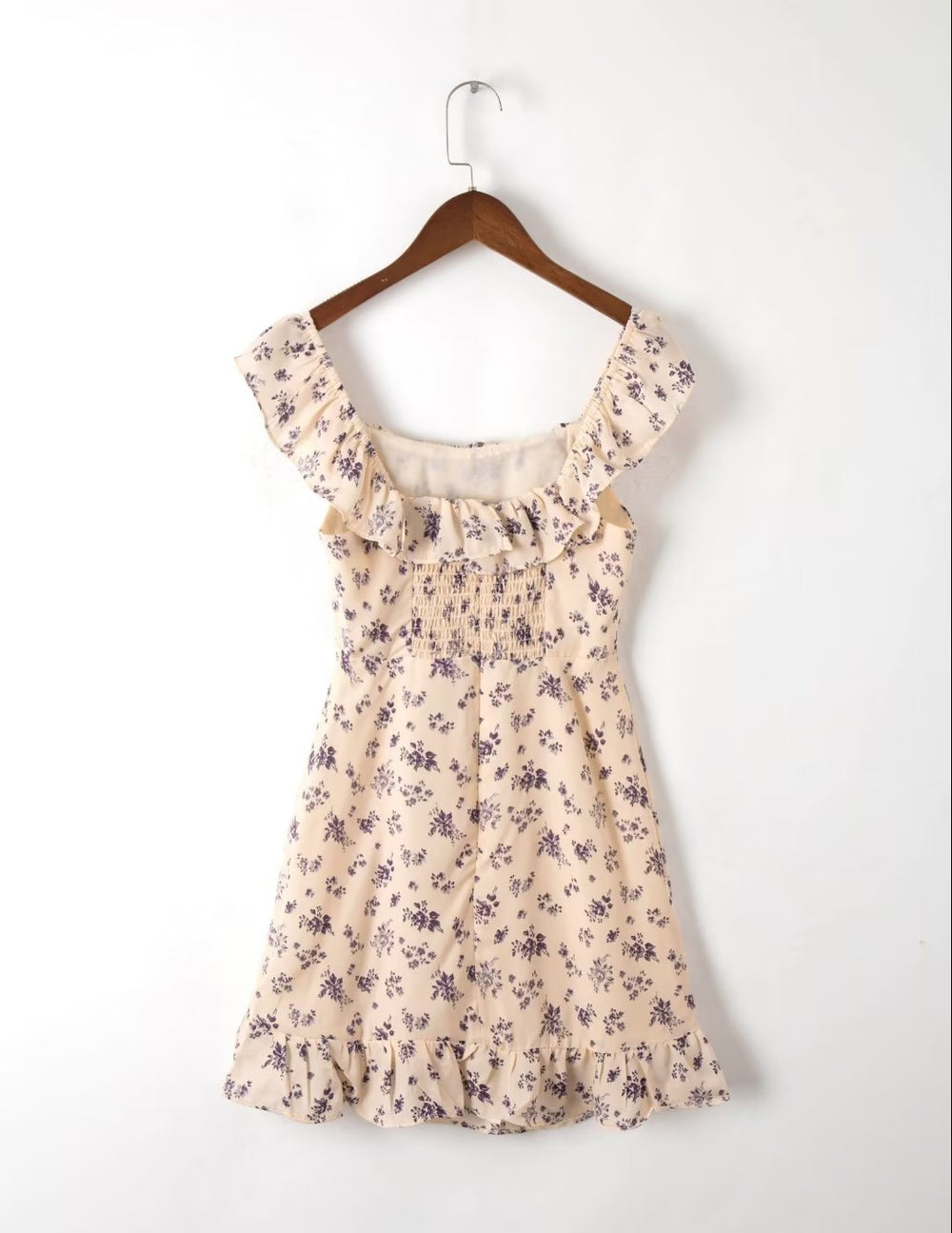 Spring French Square Neck Cinched Ruffled Floral A Line Sleeveless Strap Dress