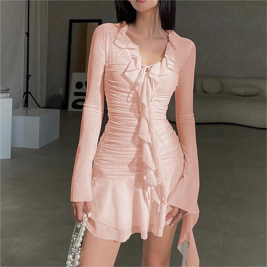 Ribbon Mesh Pleated Dress Autumn French Sexy Slim Long Sleeve Hip for Women