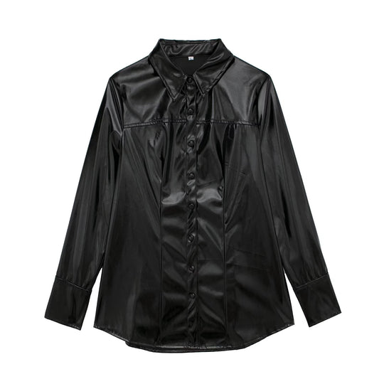 Fall Women Clothing Bright Leather Shirt Two Piece Overskirt Suit