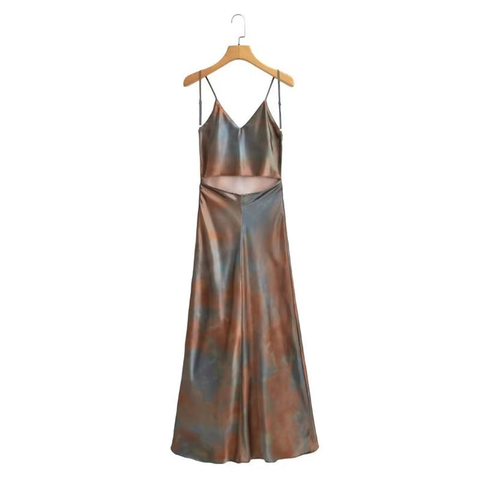 Women Clothing French Silk Satin Texture Printing Backless Dress