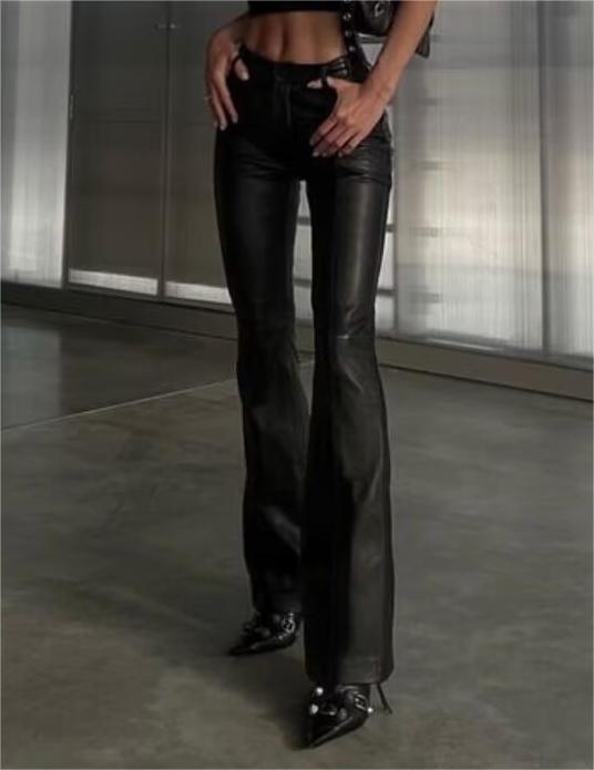 Sexy Black Faux Leather Pants Women Autumn High Street Pants Opening Zipper Straight Bootcut Trousers