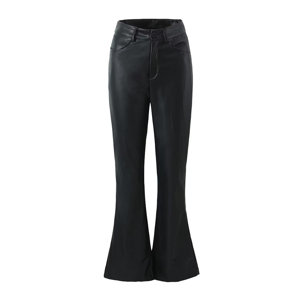 Sexy Black Faux Leather Pants Women Autumn High Street Pants Opening Zipper Straight Bootcut Trousers