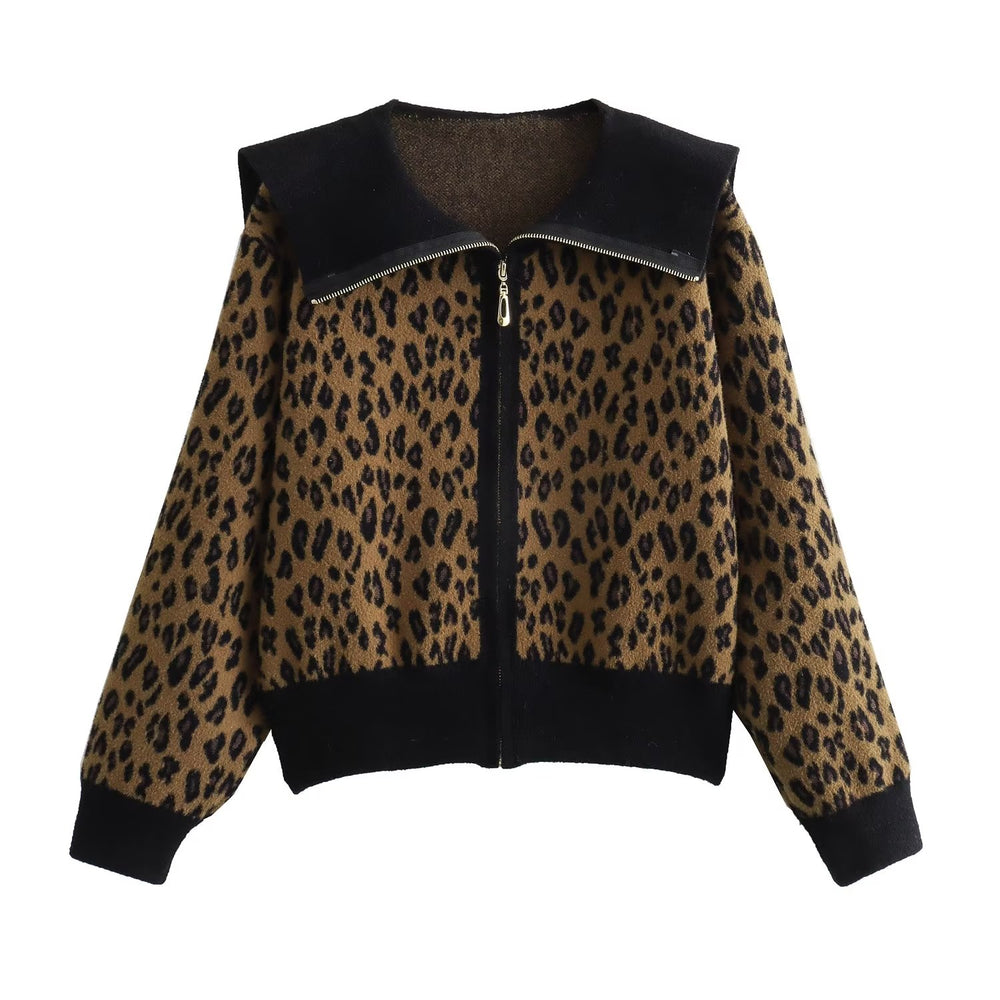 Women   Clothing Leopard Jacquard Large Collared Zipper Knitted Cardigan Coat