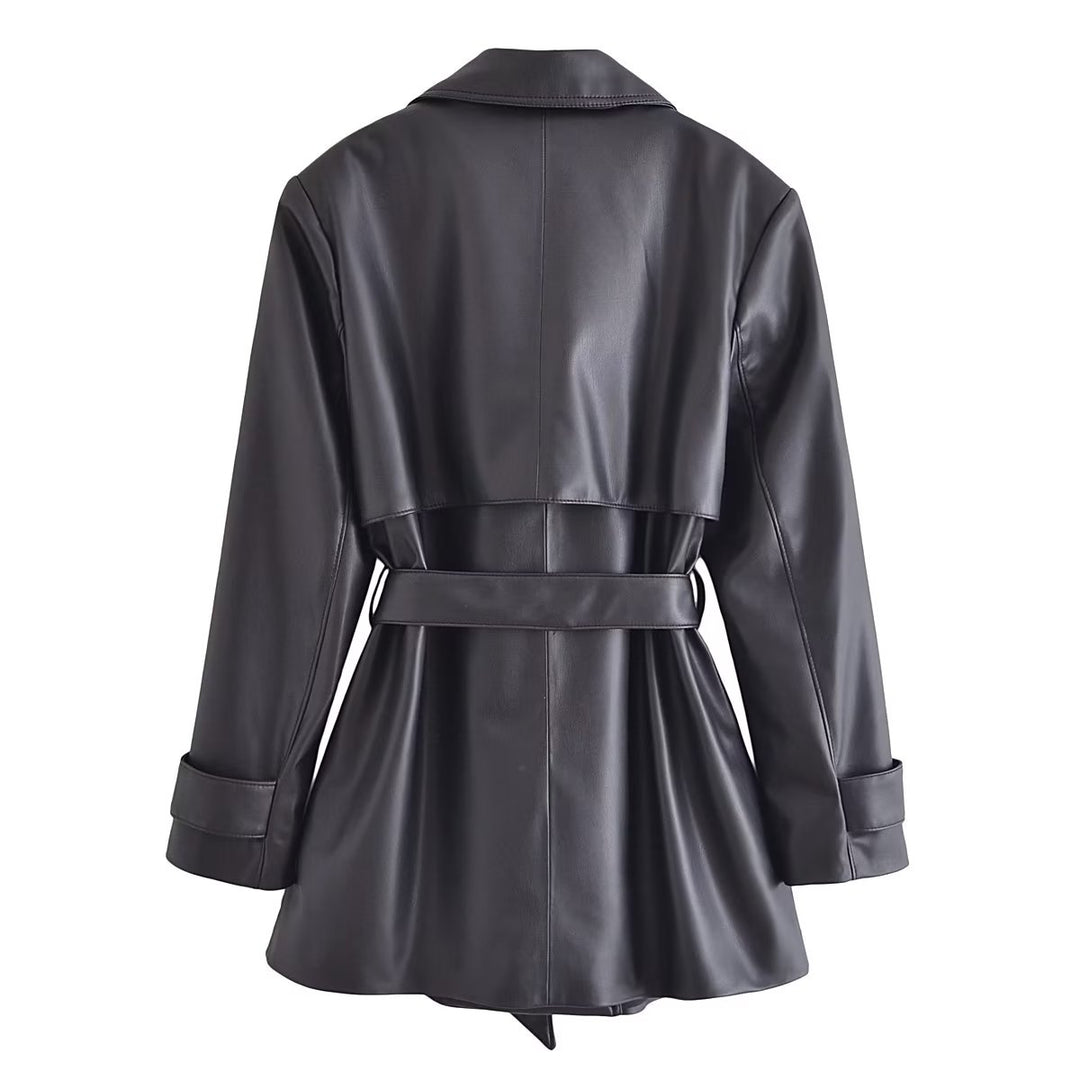 Retro Lapels Faux Leather Mid Length Trench Coat Personality Women Clothing Autumn Belt Lace up Coat